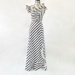 NWT One Shoulder Tie Design Striped Ruffle Leg Slit Maxi Dress Black and White 2